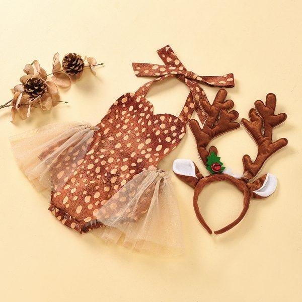 Liuliukd| Christmas Elk Printing Romper with Headband, Brown, Baby