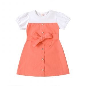 Liuliukd| Orange Summer Shirt A-Line Dress with Belt, Orange, Kids