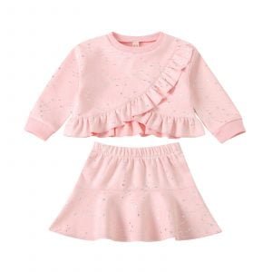 Liuliukd| Girl Round Collar Pink Shirt + Pleated Skirt, Pink, Kids
