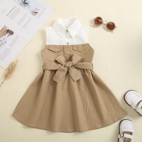 Liuliukd| Summer Shirt A-Line Dress with Belt, khaki, Kids