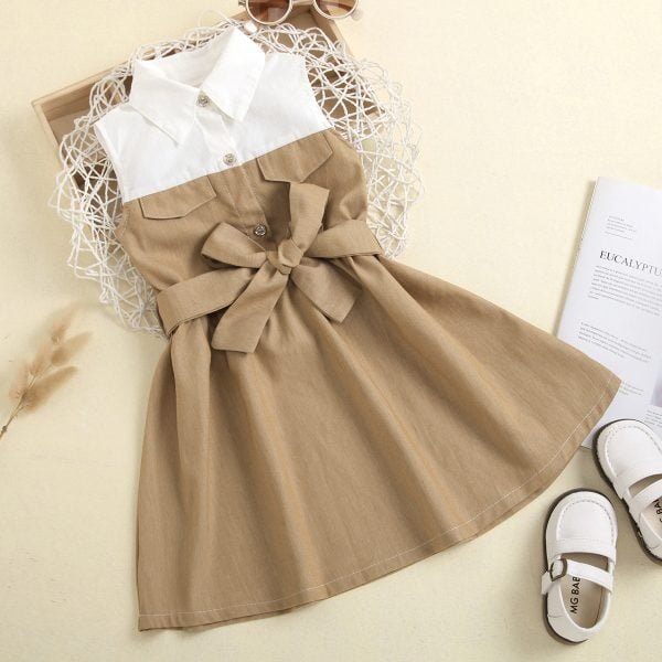 Liuliukd| Summer Shirt A-Line Dress with Belt, khaki, Kids