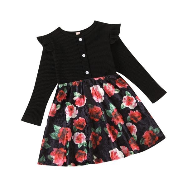 Liuliukd| Fly Long Sleeve Flower Velour Dress, Black, Kids