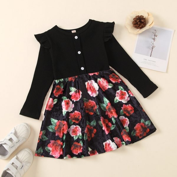 Liuliukd| Fly Long Sleeve Flower Velour Dress, Black, Kids