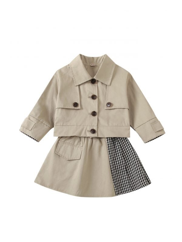 Liuliukd| Girl Color Matching Suit with A-line Skirt, Khaki, Kids