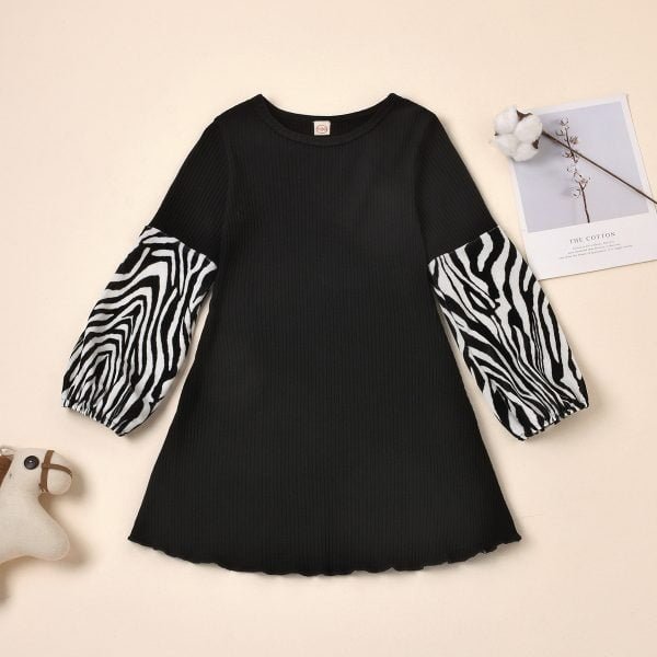 Liuliukd| Leopard Print Matching Sleeve Girl Dress, Black, Kids