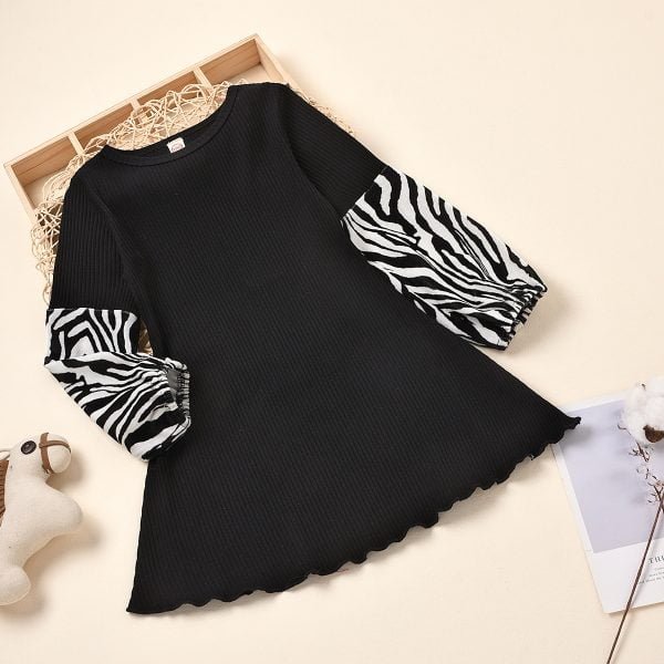 Liuliukd| Leopard Print Matching Sleeve Girl Dress, Black, Kids