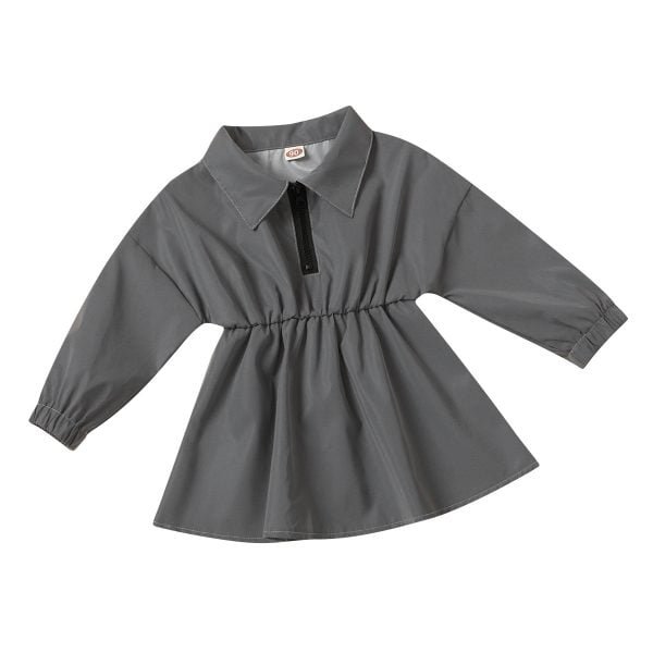 Liuliukd| Turn-down Collar Collect Waist Girl Dress, Grey, Kids