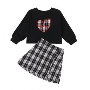 Liuliukd| Girl Heart Plaid Skirt Set, Black, Kids