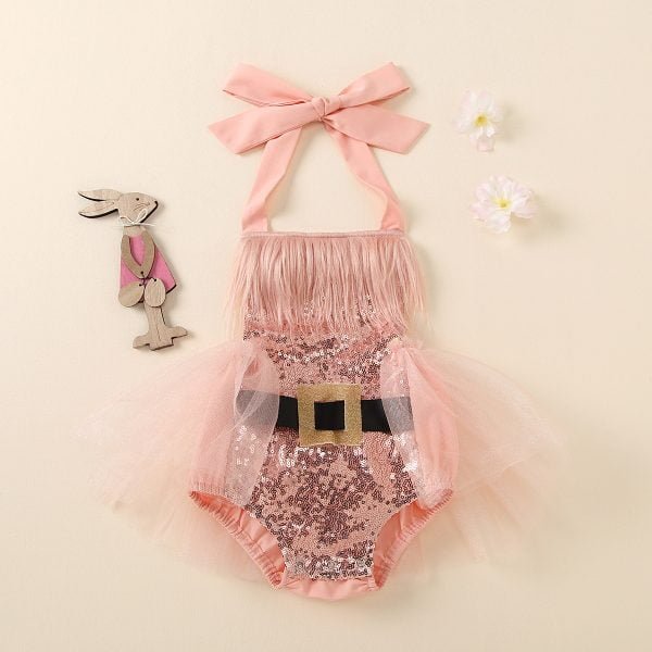 Liuliukd| Christmas Girl Sequin Yarn Romper, Pink, Baby