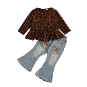 Liuliukd| Leopard Print Girl Top+ Embroidered Jeans, Brown, Kids