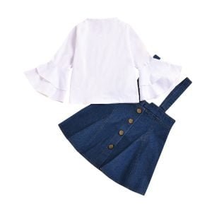 Liuliukd| Girl White Mandarin Sleeve Shirt + A-line Skirt, Blue, Kids