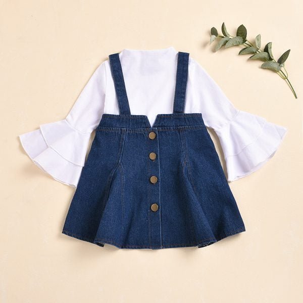 Liuliukd| Girl White Mandarin Sleeve Shirt + A-line Skirt, Blue, Kids