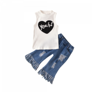 Liuliukd| Sleeveless Heart Girl Shirt + Ripped Jeans, White, Kids