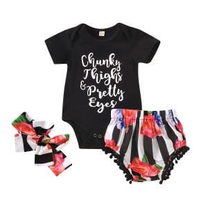 Liuliukd| Girl Print Shirt + Flower Shorts + Headband, Black, Baby