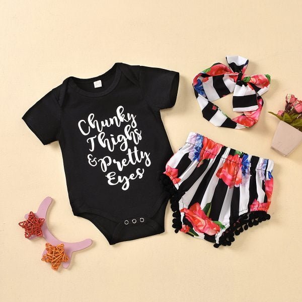 Liuliukd| Girl Print Shirt + Flower Shorts + Headband, Black, Baby