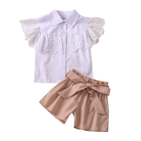 Liuliukd| Girl Lace White Shirt + Solid Shorts, Cream, Kids