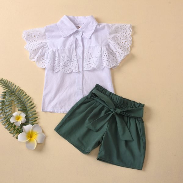 Liuliukd| Girl Lace White Shirt + Solid Shorts, Green, Kids