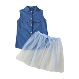 Liuliukd| Girl Denim Sleeveless Shirt + Yarn Skirts, Blue, Kids