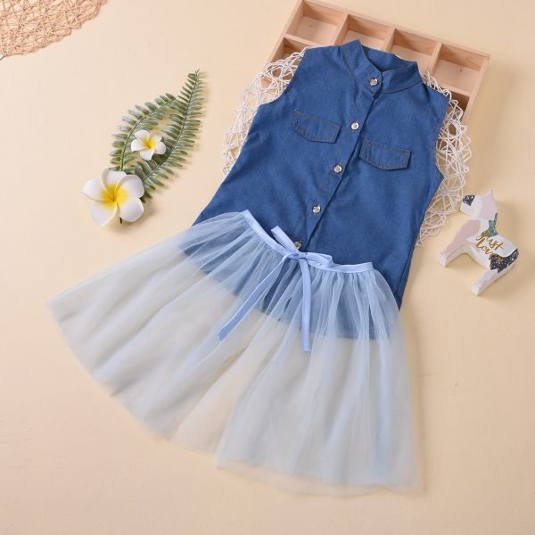 Liuliukd| Girl Denim Sleeveless Shirt + Yarn Skirts, Blue, Kids