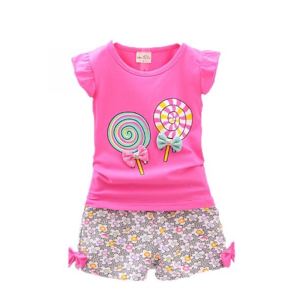 Liuliukd| Girl Lollipop Fly Sleeve + Flower Shorts, Rose Red, Kids