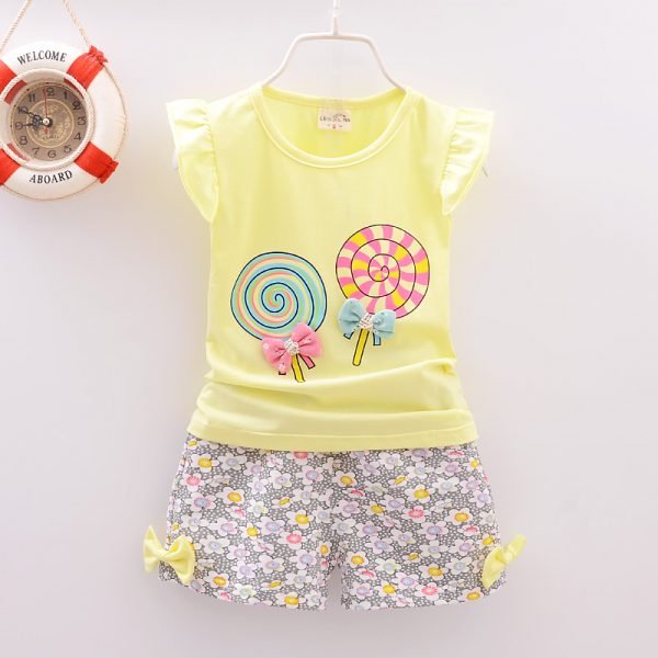 Liuliukd| Girl Lollipop Fly Sleeve + Flower Shorts, Yellow, Kids