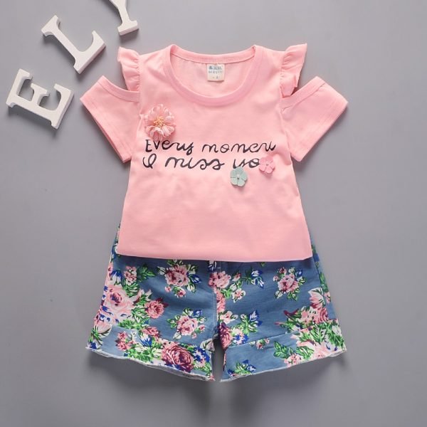 Liuliukd| Girl Off-the-shoulder Shirt + Flower Shorts, Pink, Kids