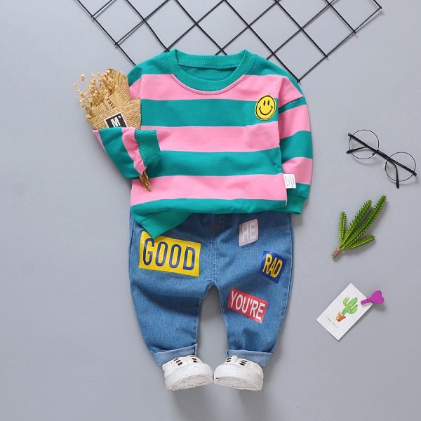 Liuliukd| Boy Striped Smile Shirt + Jeans, Pink, Kids