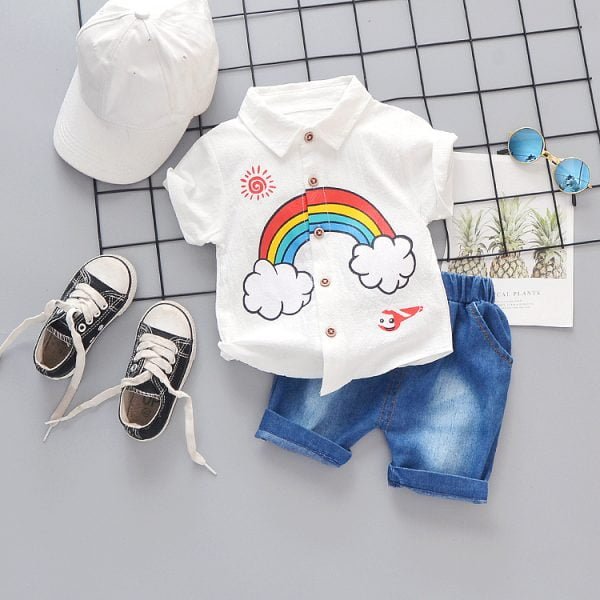 Liuliukd| Boy Rainbow Shirt + Denim Shorts, White, Kids