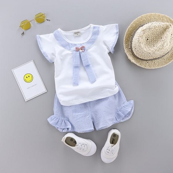 Liuliukd| Girl Bowknot Doll Collar Shirt + Striped Shorts, White, Kids