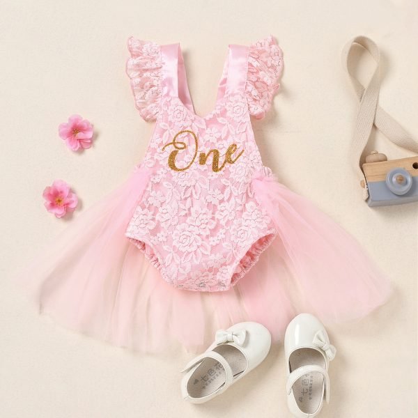 Liuliukd| Lace Romper with Gauzy Skirt, Pink, Baby